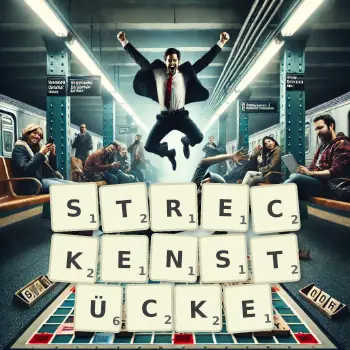 Kreative Illustration für ein Scrabble-Spiel, bei dem das Wort STRECKENSTÜCKE mit Steinen auf dem Brett gelegt wurde.