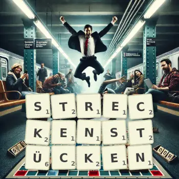 Kreative Illustration für ein Scrabble-Spiel, bei dem das Wort STRECKENSTÜCKEN mit Steinen auf dem Brett gelegt wurde.