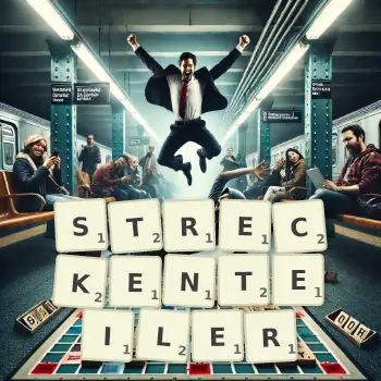 Kreative Illustration für ein Scrabble-Spiel, bei dem das Wort STRECKENTEILER mit Steinen auf dem Brett gelegt wurde.