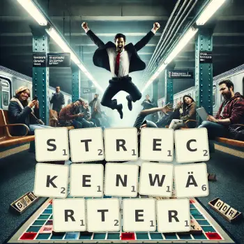 Kreative Illustration für ein Scrabble-Spiel, bei dem das Wort STRECKENWÄRTER mit Steinen auf dem Brett gelegt wurde.