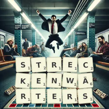 Kreative Illustration für ein Scrabble-Spiel, bei dem das Wort STRECKENWÄRTERS mit Steinen auf dem Brett gelegt wurde.