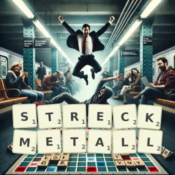 Kreative Illustration für ein Scrabble-Spiel, bei dem das Wort STRECKMETALL mit Steinen auf dem Brett gelegt wurde.