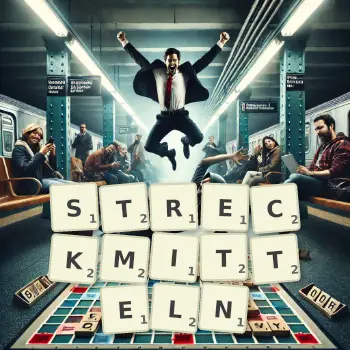 Kreative Illustration für ein Scrabble-Spiel, bei dem das Wort STRECKMITTELN mit Steinen auf dem Brett gelegt wurde.