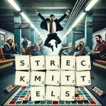 Kreative Illustration für ein Scrabble-Spiel, bei dem das Wort STRECKMITTELS mit Steinen auf dem Brett gelegt wurde.