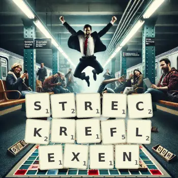 Kreative Illustration für ein Scrabble-Spiel, bei dem das Wort STRECKREFLEXEN mit Steinen auf dem Brett gelegt wurde.