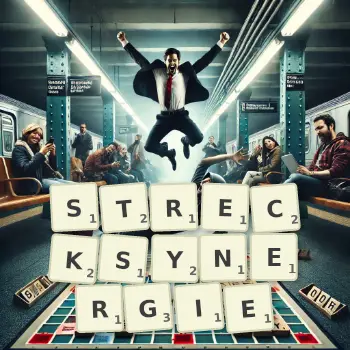 Kreative Illustration für ein Scrabble-Spiel, bei dem das Wort STRECKSYNERGIE mit Steinen auf dem Brett gelegt wurde.