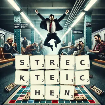 Kreative Illustration für ein Scrabble-Spiel, bei dem das Wort STRECKTEICHEN mit Steinen auf dem Brett gelegt wurde.
