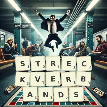 Kreative Illustration für ein Scrabble-Spiel, bei dem das Wort STRECKVERBANDS mit Steinen auf dem Brett gelegt wurde.