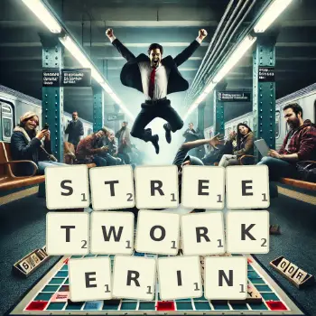 Kreative Illustration für ein Scrabble-Spiel, bei dem das Wort STREETWORKERIN mit Steinen auf dem Brett gelegt wurde.