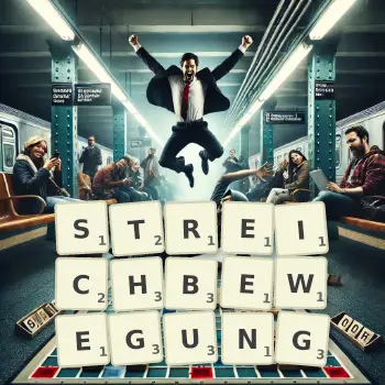 Kreative Illustration für ein Scrabble-Spiel, bei dem das Wort STREICHBEWEGUNG mit Steinen auf dem Brett gelegt wurde.