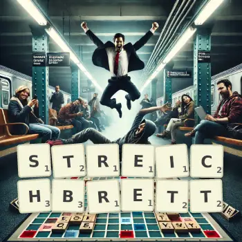 Kreative Illustration für ein Scrabble-Spiel, bei dem das Wort STREICHBRETT mit Steinen auf dem Brett gelegt wurde.