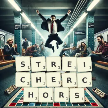 Kreative Illustration für ein Scrabble-Spiel, bei dem das Wort STREICHERCHORS mit Steinen auf dem Brett gelegt wurde.