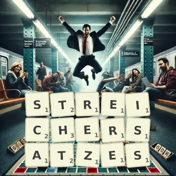 Kreative Illustration für ein Scrabble-Spiel, bei dem das Wort STREICHERSATZES mit Steinen auf dem Brett gelegt wurde.