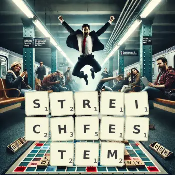 Kreative Illustration für ein Scrabble-Spiel, bei dem das Wort STREICHFESTEM mit Steinen auf dem Brett gelegt wurde.