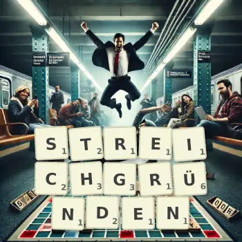 Kreative Illustration für ein Scrabble-Spiel, bei dem das Wort STREICHGRÜNDEN mit Steinen auf dem Brett gelegt wurde.