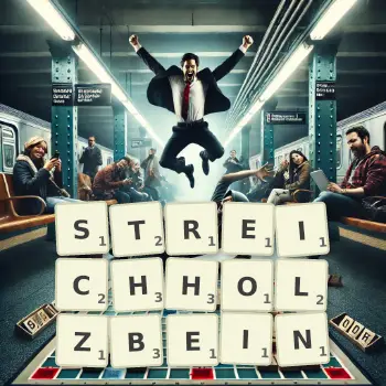 Kreative Illustration für ein Scrabble-Spiel, bei dem das Wort STREICHHOLZBEIN mit Steinen auf dem Brett gelegt wurde.
