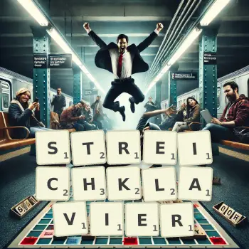 Kreative Illustration für ein Scrabble-Spiel, bei dem das Wort STREICHKLAVIER mit Steinen auf dem Brett gelegt wurde.