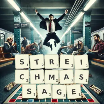 Kreative Illustration für ein Scrabble-Spiel, bei dem das Wort STREICHMASSAGE mit Steinen auf dem Brett gelegt wurde.