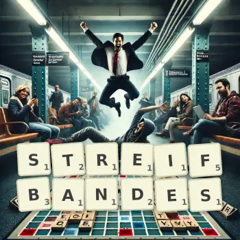 Kreative Illustration für ein Scrabble-Spiel, bei dem das Wort STREIFBANDES mit Steinen auf dem Brett gelegt wurde.