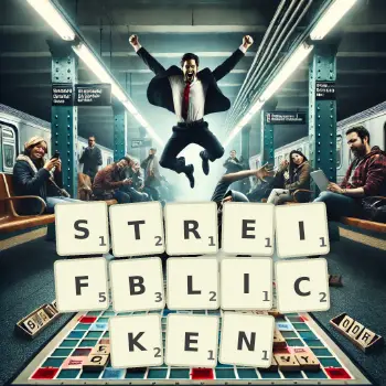 Kreative Illustration für ein Scrabble-Spiel, bei dem das Wort STREIFBLICKEN mit Steinen auf dem Brett gelegt wurde.