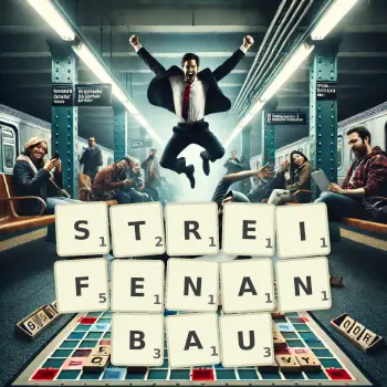 Kreative Illustration für ein Scrabble-Spiel, bei dem das Wort STREIFENANBAU mit Steinen auf dem Brett gelegt wurde.