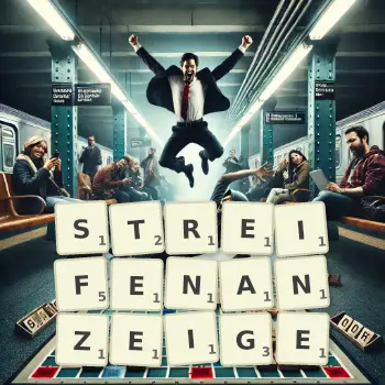 Kreative Illustration für ein Scrabble-Spiel, bei dem das Wort STREIFENANZEIGE mit Steinen auf dem Brett gelegt wurde.