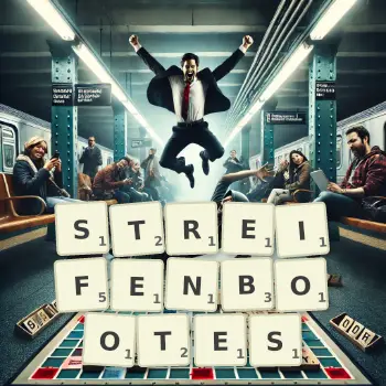 Kreative Illustration für ein Scrabble-Spiel, bei dem das Wort STREIFENBOOTES mit Steinen auf dem Brett gelegt wurde.