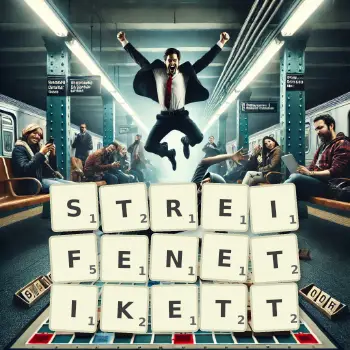 Kreative Illustration für ein Scrabble-Spiel, bei dem das Wort STREIFENETIKETT mit Steinen auf dem Brett gelegt wurde.