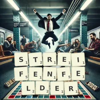 Kreative Illustration für ein Scrabble-Spiel, bei dem das Wort STREIFENFELDER mit Steinen auf dem Brett gelegt wurde.