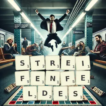 Kreative Illustration für ein Scrabble-Spiel, bei dem das Wort STREIFENFELDES mit Steinen auf dem Brett gelegt wurde.