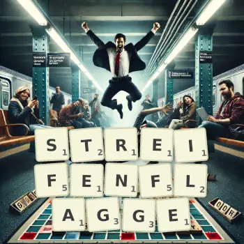 Kreative Illustration für ein Scrabble-Spiel, bei dem das Wort STREIFENFLAGGE mit Steinen auf dem Brett gelegt wurde.