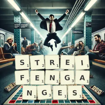 Kreative Illustration für ein Scrabble-Spiel, bei dem das Wort STREIFENGANGES mit Steinen auf dem Brett gelegt wurde.