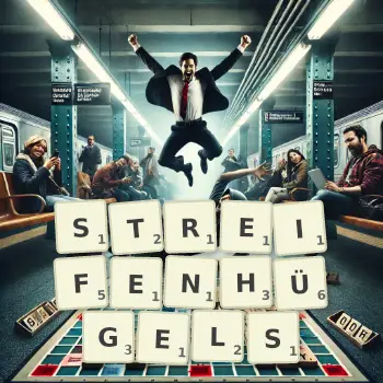 Kreative Illustration für ein Scrabble-Spiel, bei dem das Wort STREIFENHÜGELS mit Steinen auf dem Brett gelegt wurde.