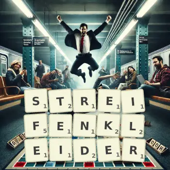 Kreative Illustration für ein Scrabble-Spiel, bei dem das Wort STREIFENKLEIDER mit Steinen auf dem Brett gelegt wurde.