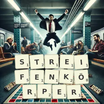 Kreative Illustration für ein Scrabble-Spiel, bei dem das Wort STREIFENKÖRPER mit Steinen auf dem Brett gelegt wurde.
