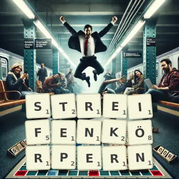 Kreative Illustration für ein Scrabble-Spiel, bei dem das Wort STREIFENKÖRPERN mit Steinen auf dem Brett gelegt wurde.