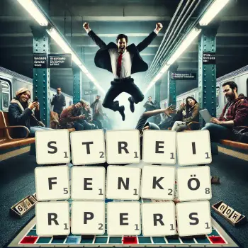Kreative Illustration für ein Scrabble-Spiel, bei dem das Wort STREIFENKÖRPERS mit Steinen auf dem Brett gelegt wurde.