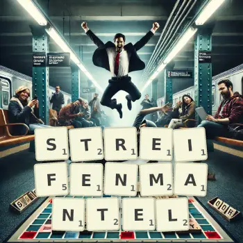 Kreative Illustration für ein Scrabble-Spiel, bei dem das Wort STREIFENMANTEL mit Steinen auf dem Brett gelegt wurde.