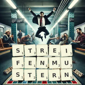 Kreative Illustration für ein Scrabble-Spiel, bei dem das Wort STREIFENMUSTERN mit Steinen auf dem Brett gelegt wurde.