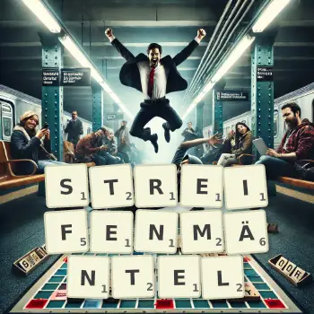 Kreative Illustration für ein Scrabble-Spiel, bei dem das Wort STREIFENMÄNTEL mit Steinen auf dem Brett gelegt wurde.