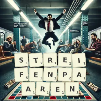 Kreative Illustration für ein Scrabble-Spiel, bei dem das Wort STREIFENPAAREN mit Steinen auf dem Brett gelegt wurde.