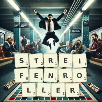 Kreative Illustration für ein Scrabble-Spiel, bei dem das Wort STREIFENROLLER mit Steinen auf dem Brett gelegt wurde.