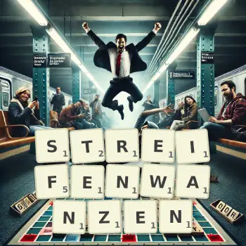 Kreative Illustration für ein Scrabble-Spiel, bei dem das Wort STREIFENWANZEN mit Steinen auf dem Brett gelegt wurde.