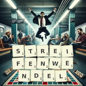 Kreative Illustration für ein Scrabble-Spiel, bei dem das Wort STREIFENWENDEL mit Steinen auf dem Brett gelegt wurde.