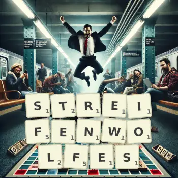 Kreative Illustration für ein Scrabble-Spiel, bei dem das Wort STREIFENWOLFES mit Steinen auf dem Brett gelegt wurde.