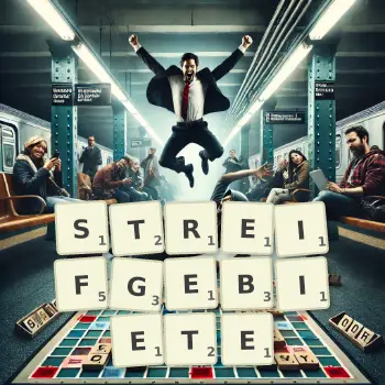 Kreative Illustration für ein Scrabble-Spiel, bei dem das Wort STREIFGEBIETE mit Steinen auf dem Brett gelegt wurde.