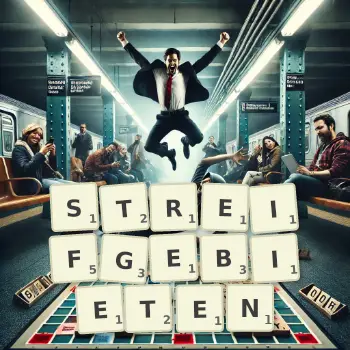 Kreative Illustration für ein Scrabble-Spiel, bei dem das Wort STREIFGEBIETEN mit Steinen auf dem Brett gelegt wurde.