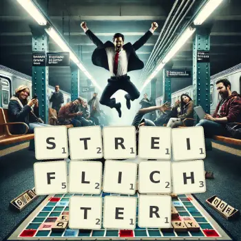Kreative Illustration für ein Scrabble-Spiel, bei dem das Wort STREIFLICHTER mit Steinen auf dem Brett gelegt wurde.