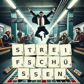 Kreative Illustration für ein Scrabble-Spiel, bei dem das Wort STREIFSCHÜSSEN mit Steinen auf dem Brett gelegt wurde.