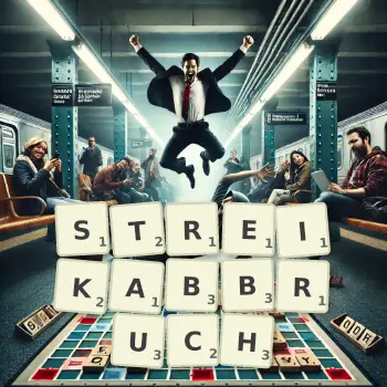 Kreative Illustration für ein Scrabble-Spiel, bei dem das Wort STREIKABBRUCH mit Steinen auf dem Brett gelegt wurde.